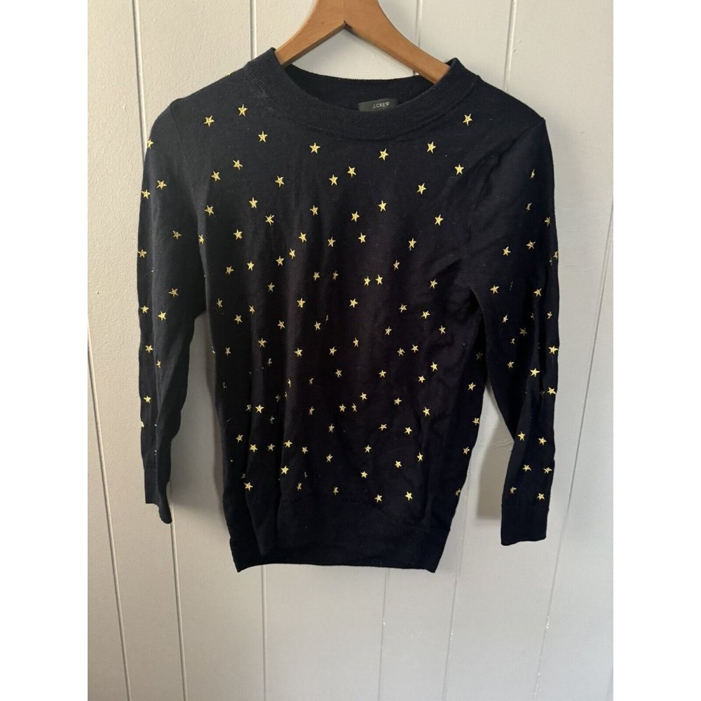 J.CREW 100% Merino Wool Navy with Embroidered Gold Stars Crew Neck Sweater, Med